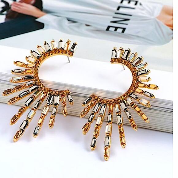 Gold Zircon Celestial Statement Earrings Abstract Geometric - Picture 4 of 4